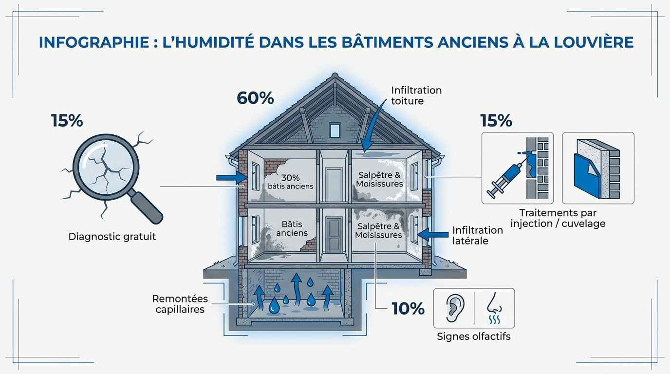 Murs anciens avec traces d'humidité et de salpêtre à La Louvière