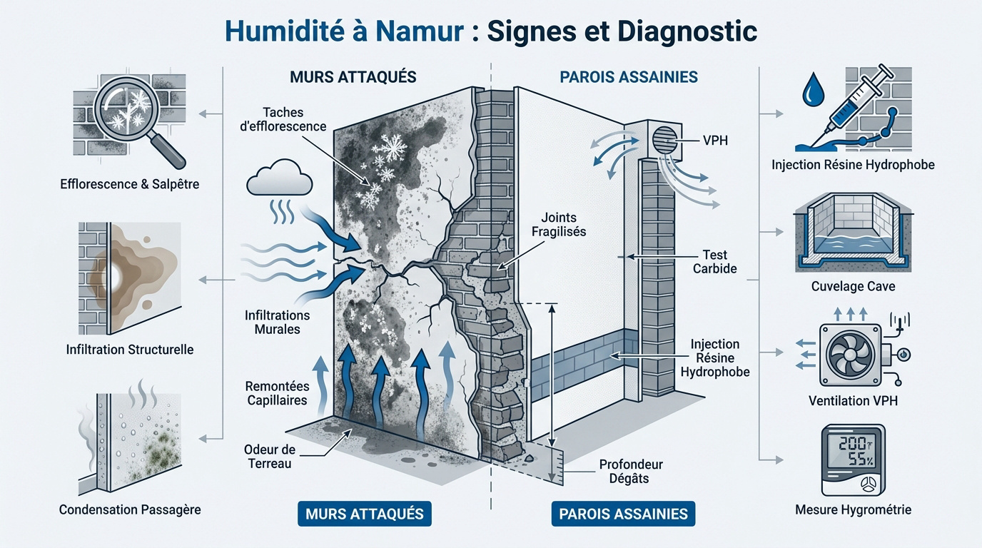 Diagnostic de l'humidité murale et traces de salpêtre sur un mur à Namur